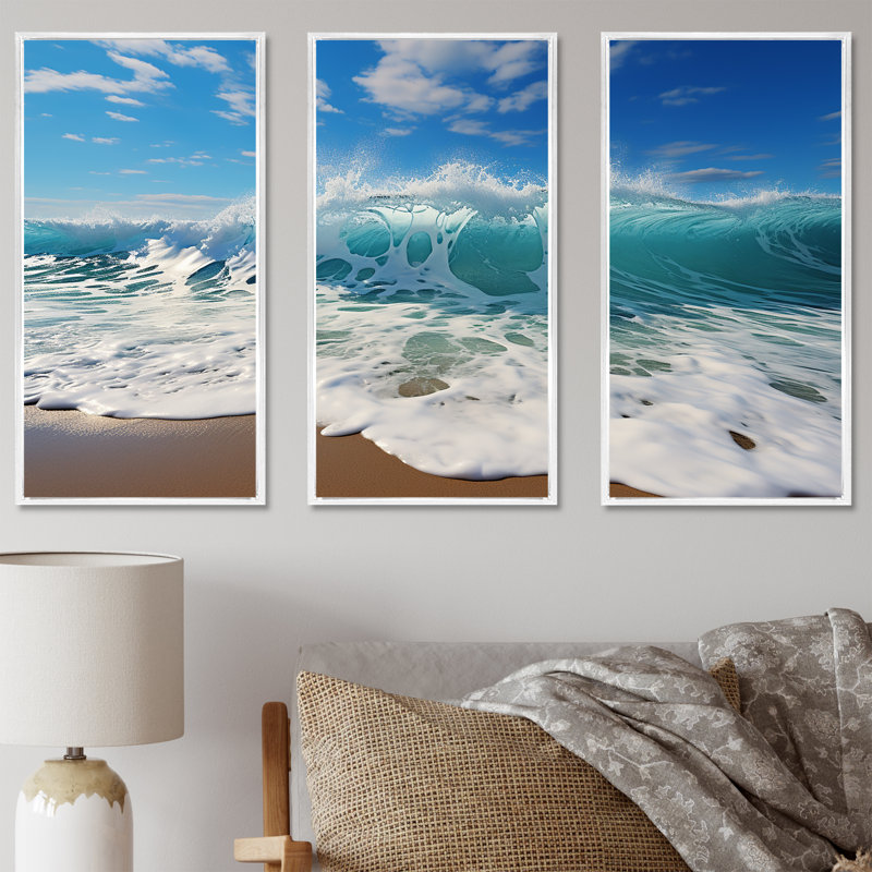 Turquoise Power of Ocean Wave - Ensemble de décoration murale bord de mer, Cadre flottant blanc, H 40 po x l 60 po x P 1 po