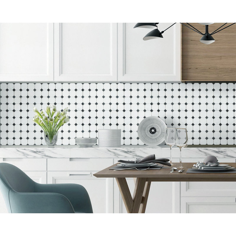 Octagon and Dot Marble Mosaic Wall & Floor Tile, White Carrara