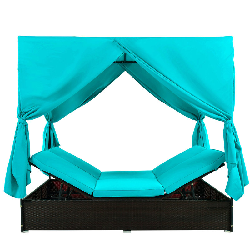 Outdoor Patio Wicker Sunbed Daybed With Cushions, Adjustable Seats, Blue