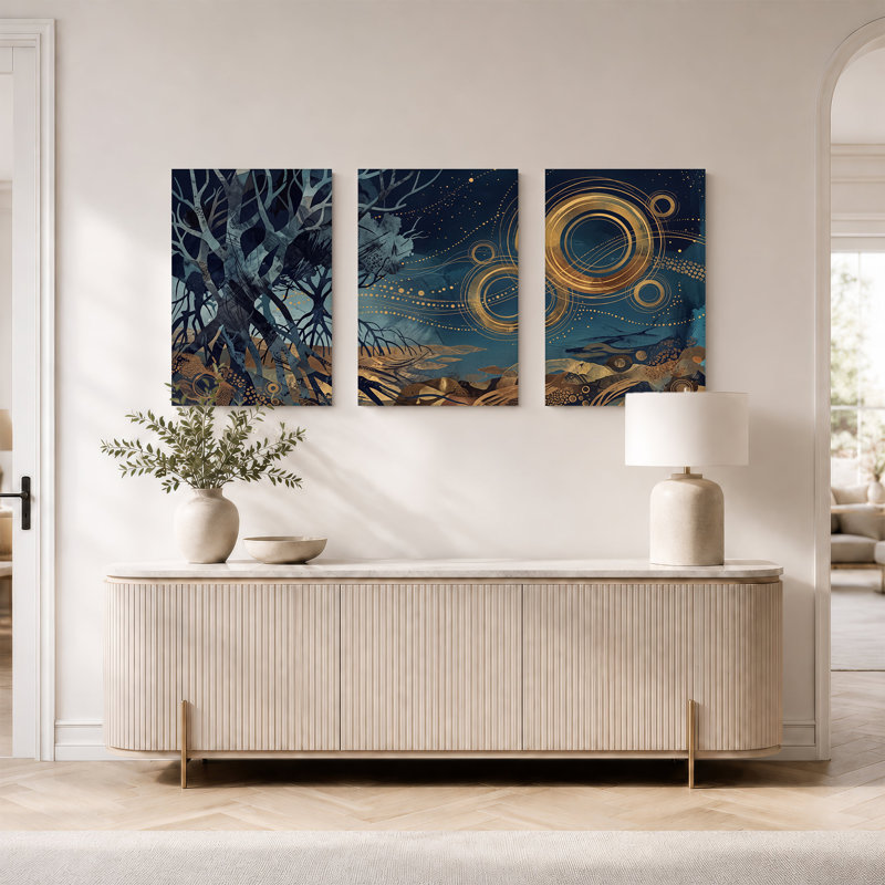 Ensemble de 3 toiles surréelles et anneaux dorés en bleu foncé, 24"H x 16"W x 3pcs