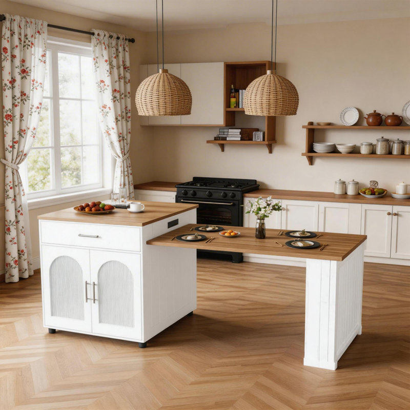 Table de salle à manger extensible 80 po pour îlot de cuisine, comptoir en grain de marbre avec prise de courant, station de préparation de cuisine avec support à vin