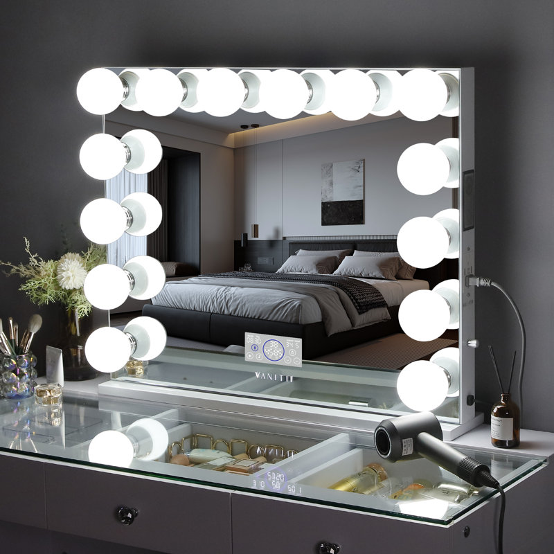 Makeup Vanity Mirror with Dimmable Bulbs Lights Bluetooth Tabletop Wall Mount Metal White, 27" x 31.5"