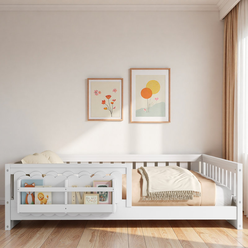 Lit plateforme avec garde-corps et tablettes de rangement, Lit double