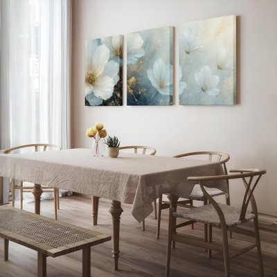 White Floral with Gold Accents Canvas Wrapped Wall Art, Oil Painting Print (Set of 3) – Elegant Abstract Flower Art for Living Room, Bedroom, or Bathr
