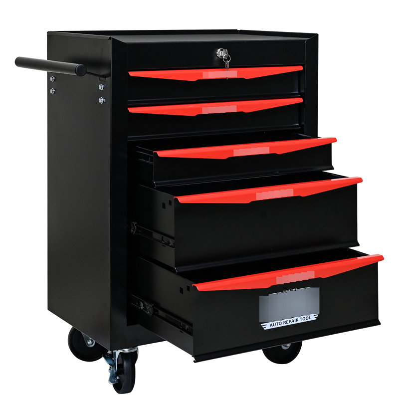 Chariot à outils 20,95 * 13,1 * 30,59 pouces avec mécanisme de verrouillage - Chariot d'atelier à 5 tiroirs noir et rouge avec 4 roulettes