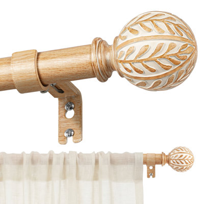 Tringle à rideaux en bois Boho, 1 po de diamètre Tringle à draperie ajustable robuste avec imitation grain de bois et faîteaux à motif de feuilles, style campagnard rustique pour fenêtres 32 à 144 pouces, brun