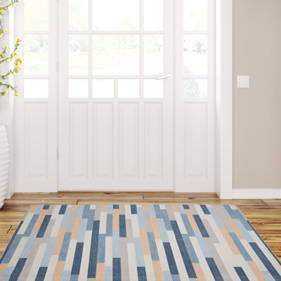 Kivett Striped Blue and Beige Indoor Outdoor Machine Washable Area Rug