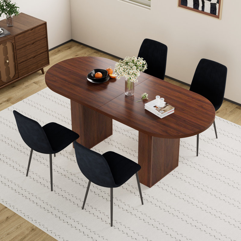 Mid Century Oval Pedestal Dining Table Sets, 5 Pieces: Table, 4 Chairs, Walnut, Black