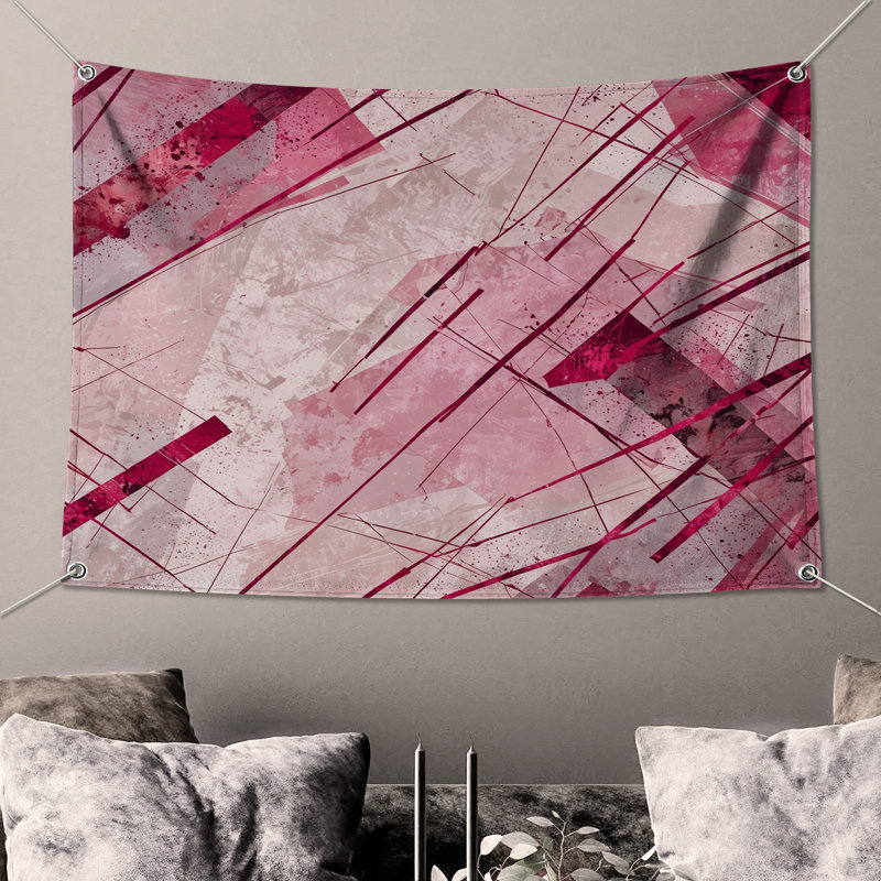 Tapisserie murale lignes abstraites roses, H 68 po x l 80 po avec 4 œillets