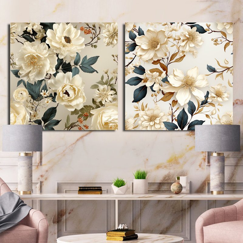 Anjou délicat d'inspiration botanique - ensemble de collage carré floral de 2, Toile tendue, H 16 po x l 33 po