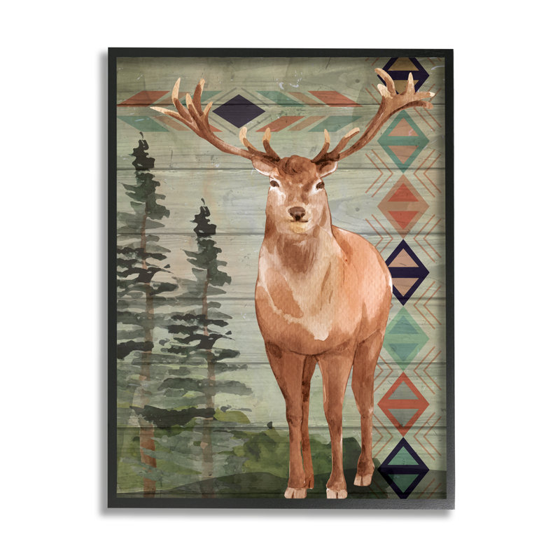 Motif géométrique, faune, cerf - cadre flottant, impression sur bois, Giclée encadrée noir minuit