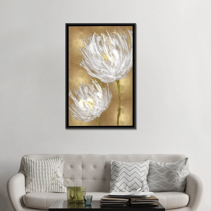 Tulipes sur or II, impression sur toile tendue, H 48 po x l 32 po x P 1,5 po, Toile avec cadre noir