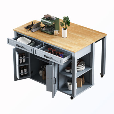 Extendable Kitchen Island with Rack and Power Outlet and Drawers