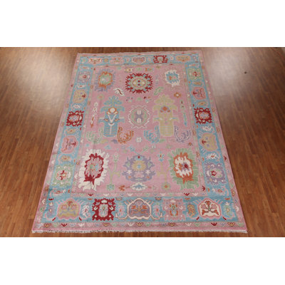 Tapis de salon rose à motif floral Oushak 10 x 14