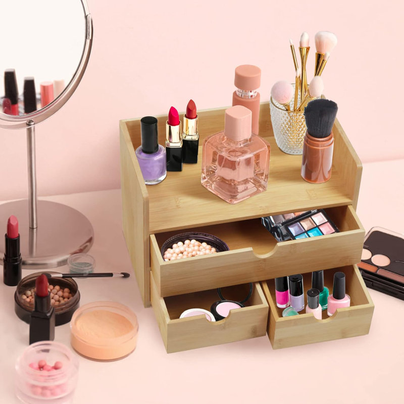 Organisateur de maquillage en bambou avec 3 tiroirs - grands et petits tiroirs pour les cosmétiques, les soins de la peau et les fournitures de bureau - Fabrication en bambou naturel durable avec finition lisse