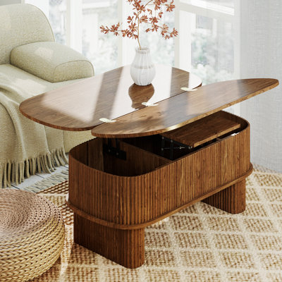 Lift Top Coffee Table With Large Storage, Lift Up Converts To Dining Table, Pop Up Coffee Table With Japanese Fluted, Oval Wood Center Table For Living Room, Fully Assembled Space-Saving For Eating & Laptops
