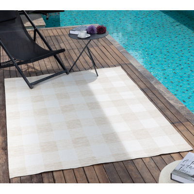 Beige Modern Outdoor Rug, Chequered Stain Resistant Easy to Clean Rug For Patio, Balcony, & Garden