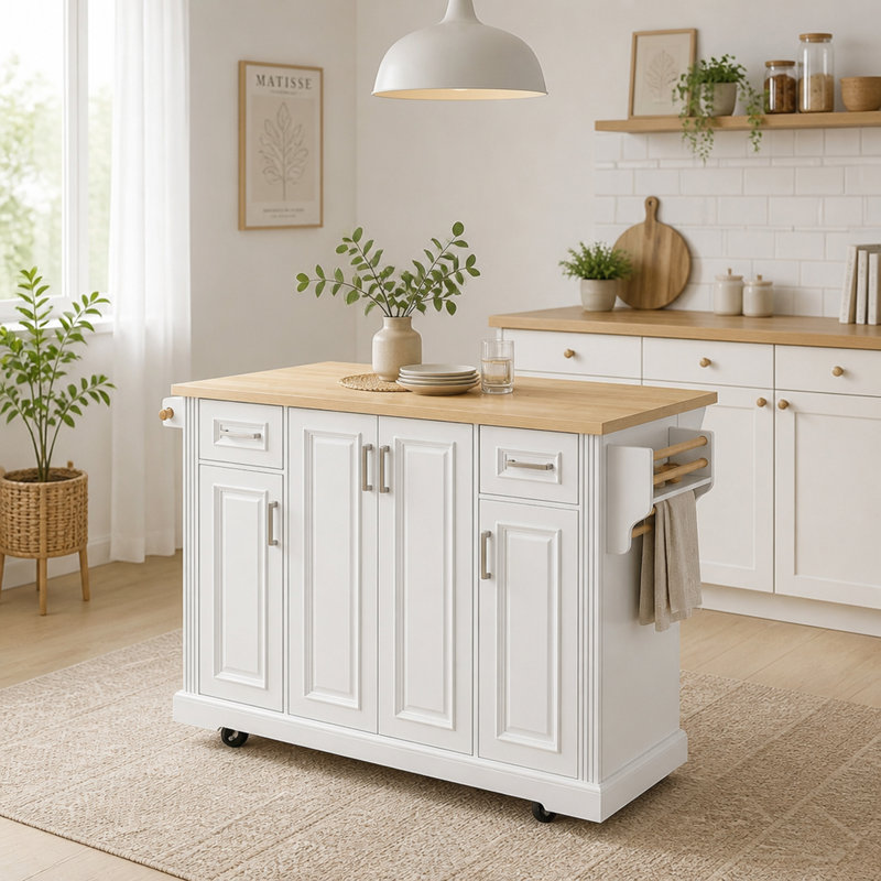 Îlot de cuisine de grande taille (54,1 po) avec abattant, chariot de cuisine roulant à texture en relief sur 4 roues et 4 portes