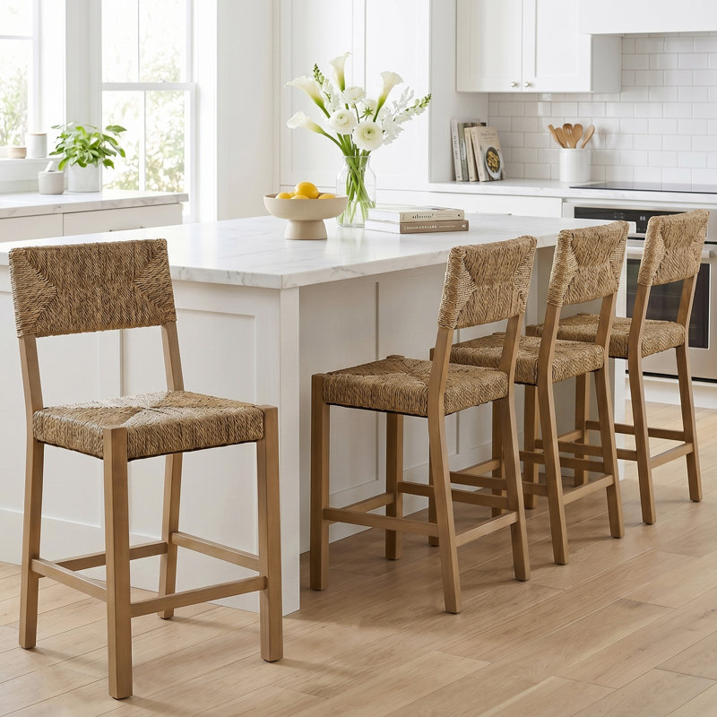 Tabouret de bar Cledia rustique de 53 cm de large, en bois d'acajou et de rotin, avec siège en rotin., 4