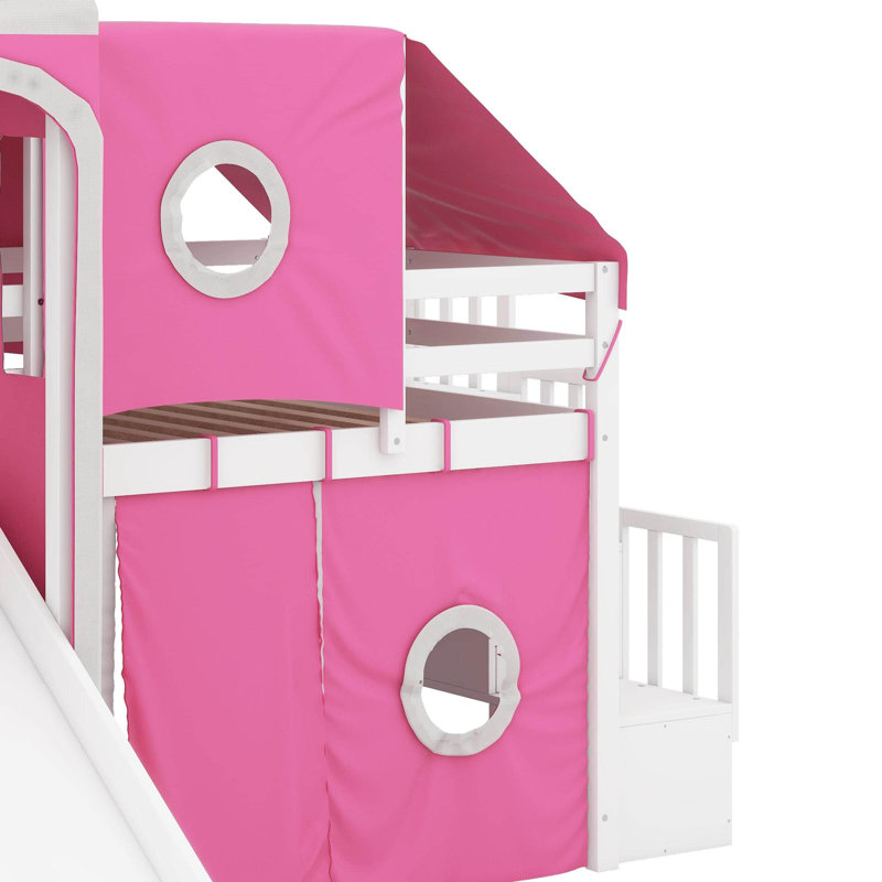 Lit mezzanine double avec tour et tente, Rose