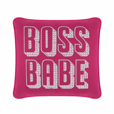 Coussin en velours Sparkles Home Boss Babe 16 po x 16 po | Verre strass | Bourre de plumes