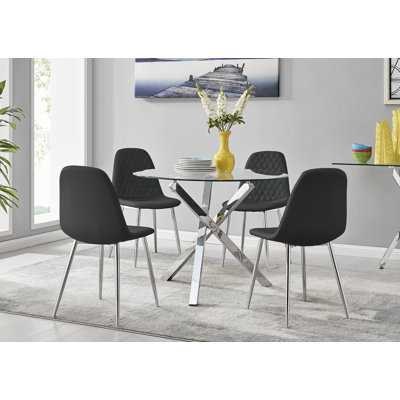 Seline Modern Round Dining Table Set in Glass and Chrome with 4 Luxury Faux Leather Dining Chairs