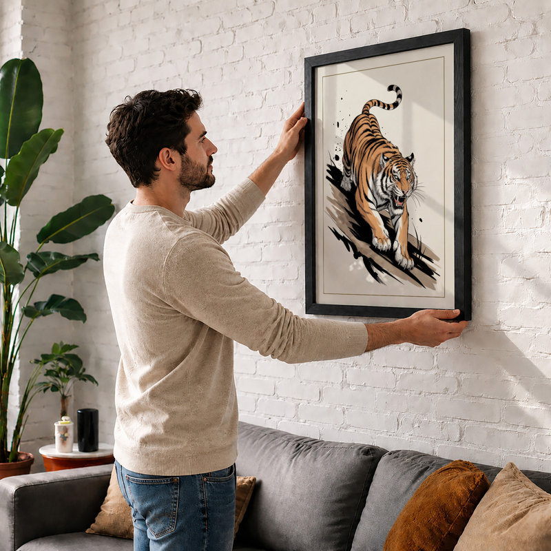 Stalking Tiger Japandi - Framed Print, A2 - 59.4 x 42.0 cm, Black