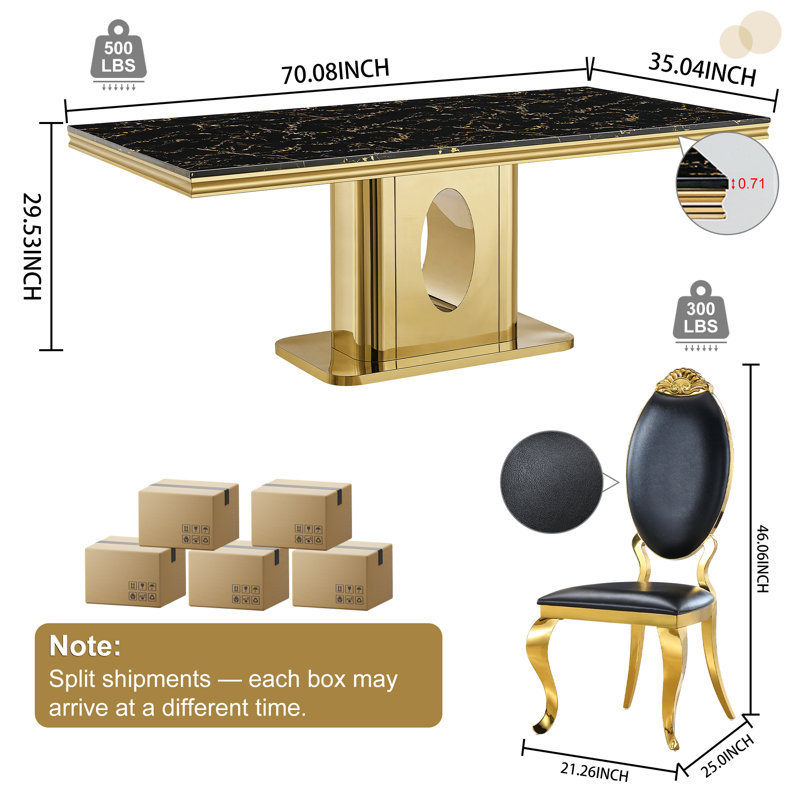 Faux Marble Top Pedestal Dining Set, Black/Gold, Black/Gold, 7 Pieces: Table, 6 Chairs