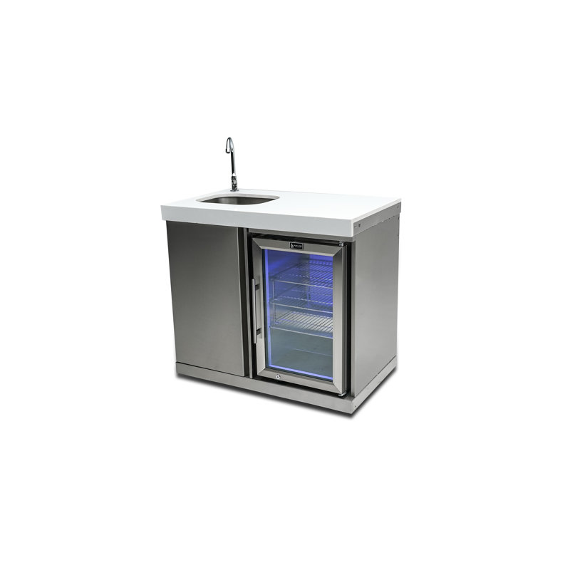 Mont Alpi MASF-SS Stainless Steel Beverage Center Cabinet Module + 2.7 Cubic Feet Wine Cooler Outdoor Rated Temperature Adjustable Compact Lockable Refrigerator + Faucet & Sink