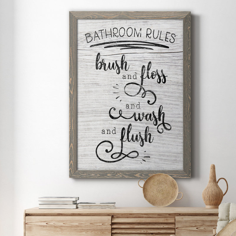 "Bathroom Rules" - Art textuel sur toile, H 31,5 po x l 23,5 po x P 1,5 po, Gris