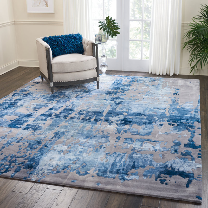Tapis bleu / gris touffeté à la main à motif abstrait Prismatic, Rectangle 7 pi 9 po x 9 pi 9 po
