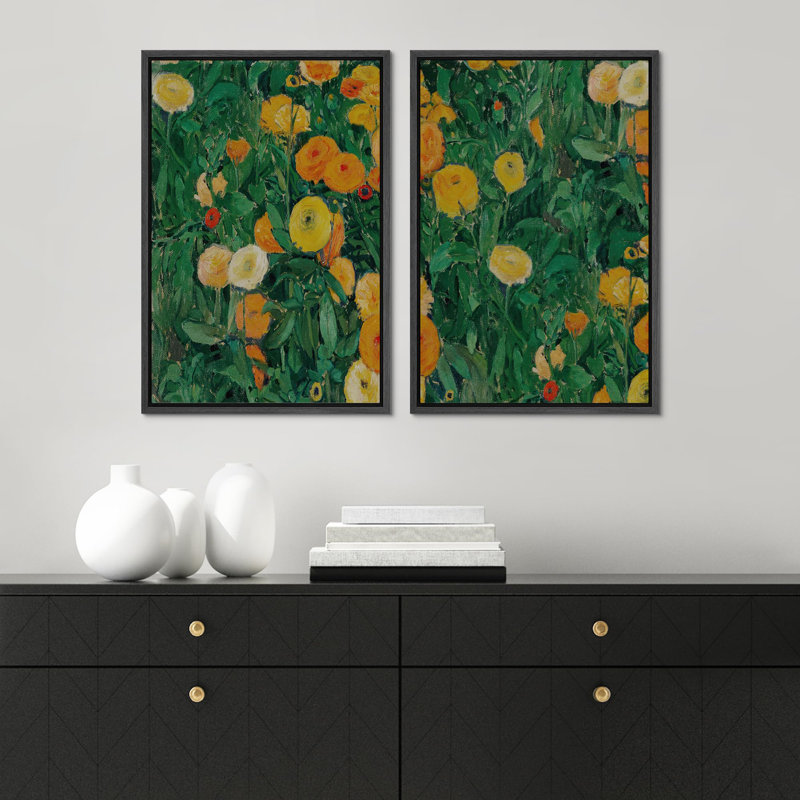 Fleurs vibrantes de jardin, empâtement floral, vert audacieux, fleurs jaunes et modernes, art mural, œuvre d'art, 2 pièces