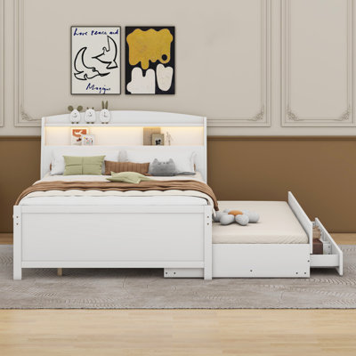 Platform Bed with Storage LED Headboard, Twin Size Trundle and 3 Drawers