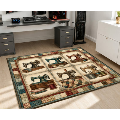 Tapis à motif de machine à coudre vintage, design rétro mécanique, antidérapant, décoration intérieure artistique pour salon, chambre, atelier, studio, appartement