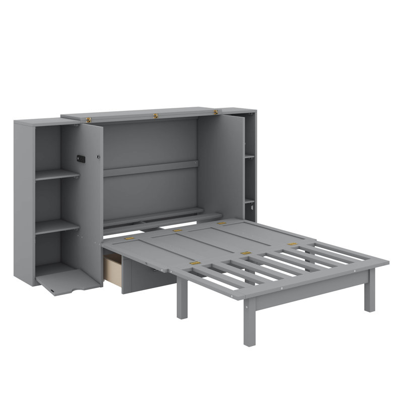 Grand lit escamotable avec tablettes, tiroirs et port USB, Gris