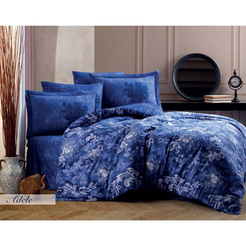 Ensemble de housse de couette 100% coton bleu foncé / blanc Vidal