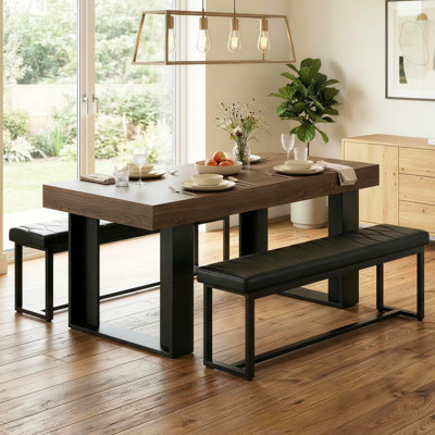 Ensemble de table de salle à manger 4 personnes avec table de salle à manger extensible rectangulaire et 2 bancs rembourrés