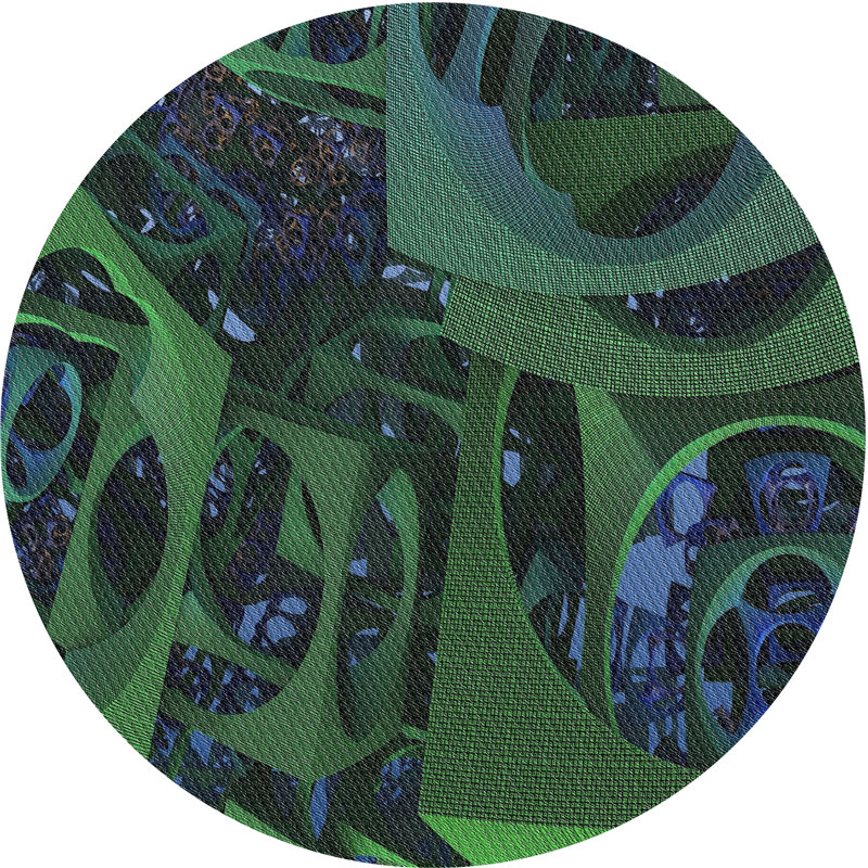 Tapis vert/bleu à motifs, Rond 4 pi