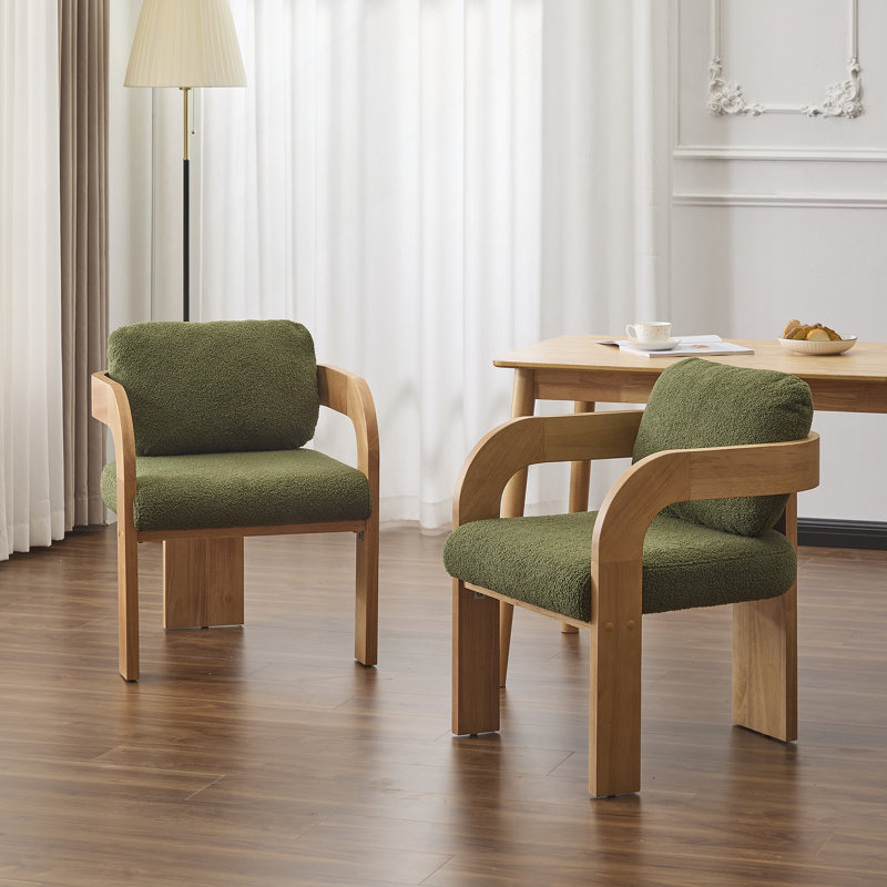 Ensemble de 2 chaises de salle à manger avec dossier coussiné, tissu bouclé vert, structure en bois massif de couleur naturelle