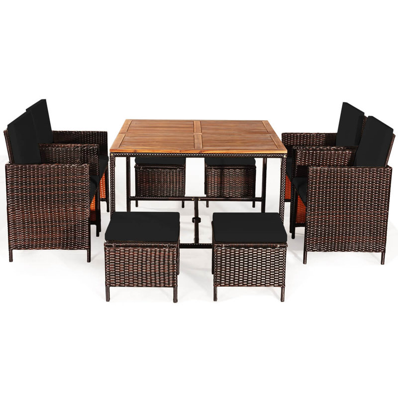 9 pièces ensemble de salle à manger en rotin de patio avec repose-pieds et table en bois noir