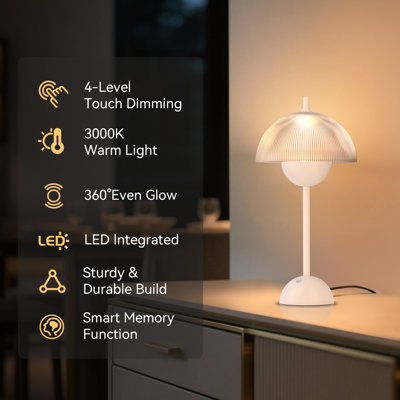 Lampe de chevet LED Blanche Selene 41cm – Abat-jour champignon rayé, gradation tactile 4 niveaux avec mémoire, idéale pour chambre, dortoir, bureau. Alimentation secteur.