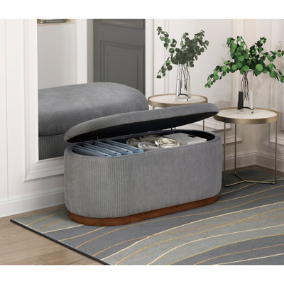 Chic Gray Corduroy Lift Top Storage Bench With Functional Interior Elegant In Walnut Finish Legs