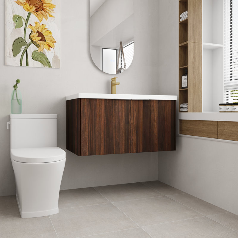 Meuble-lavabo mural simple 36 po avec plateau en résine Katlen, Noyer de Californie