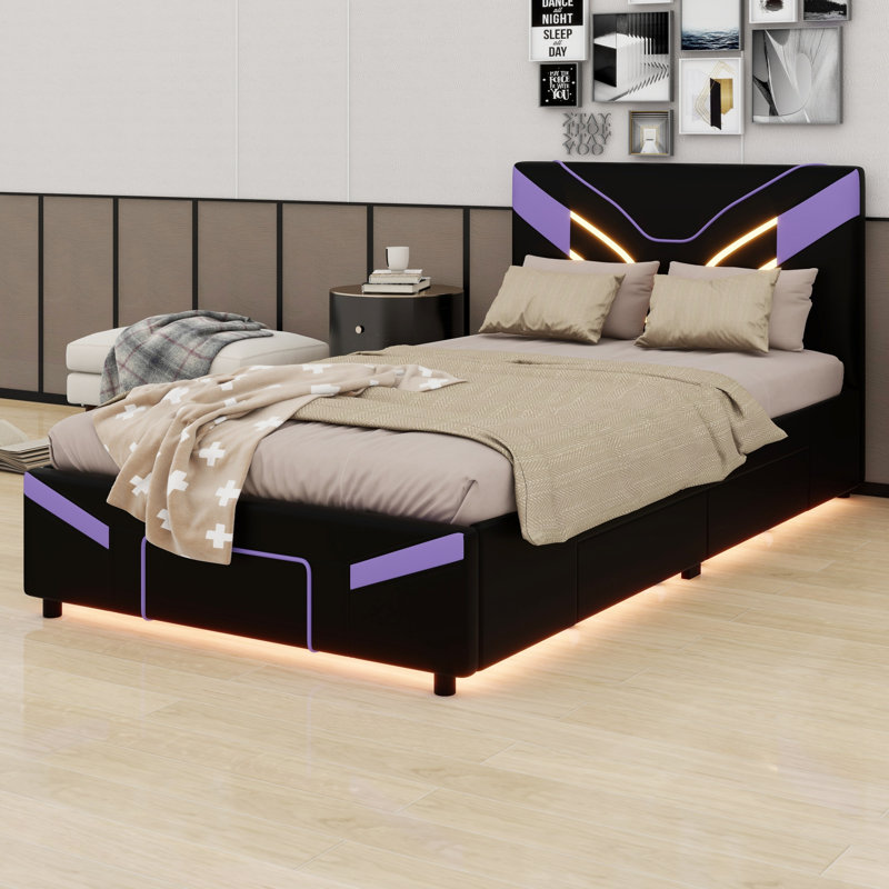 Lit plateforme tapissier de luxe avec tiroirs de rangement intégrés et DEL, Purple