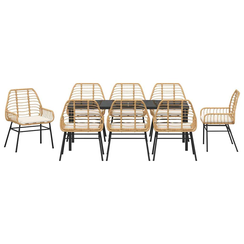  Ensemble de salle à manger de jardin 9 pièces en rotin de polyester brun, Beige Cushion/Natural Frame, 8