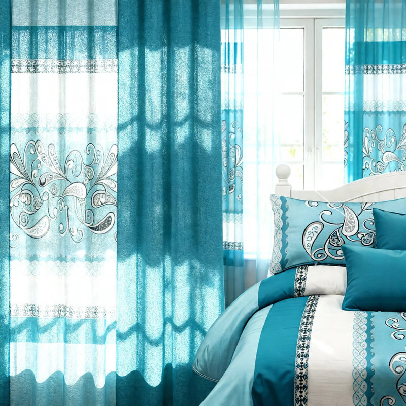 Queen Size 9-Piece Turquoise Paisley Bedding & Curtain Set (Queen) - Quilted Microfiber Bedspread + Sheer Curtains