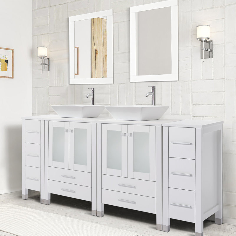 Meuble-lavabo double 72 po avec comptoir en bois, lavabo vasque, robinet en alliage de zinc, pieds en bois massif 72 po