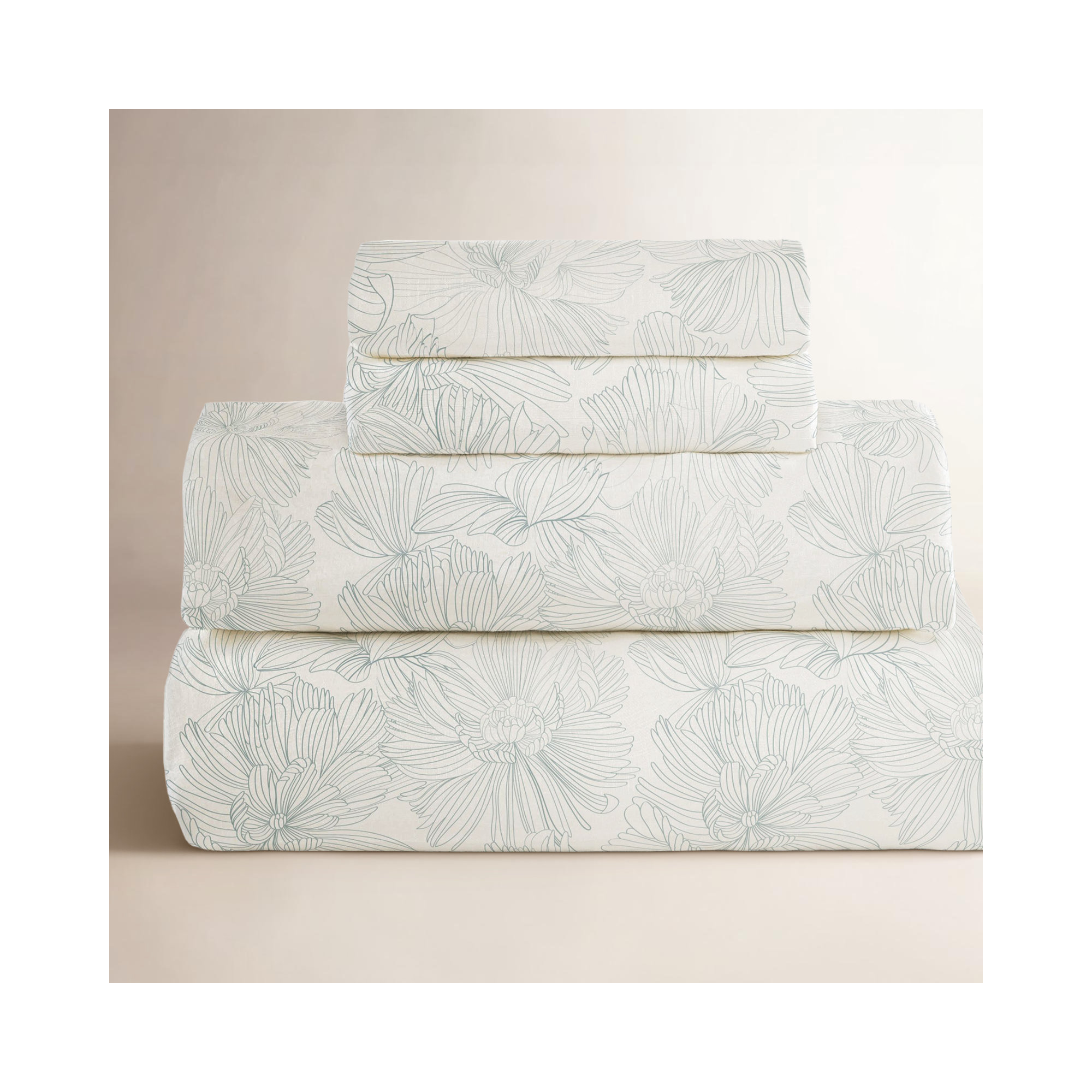 100% French Linen Sheet Set, Cream/Wave Floral, Full Sheet Set with 2 Pillowcases