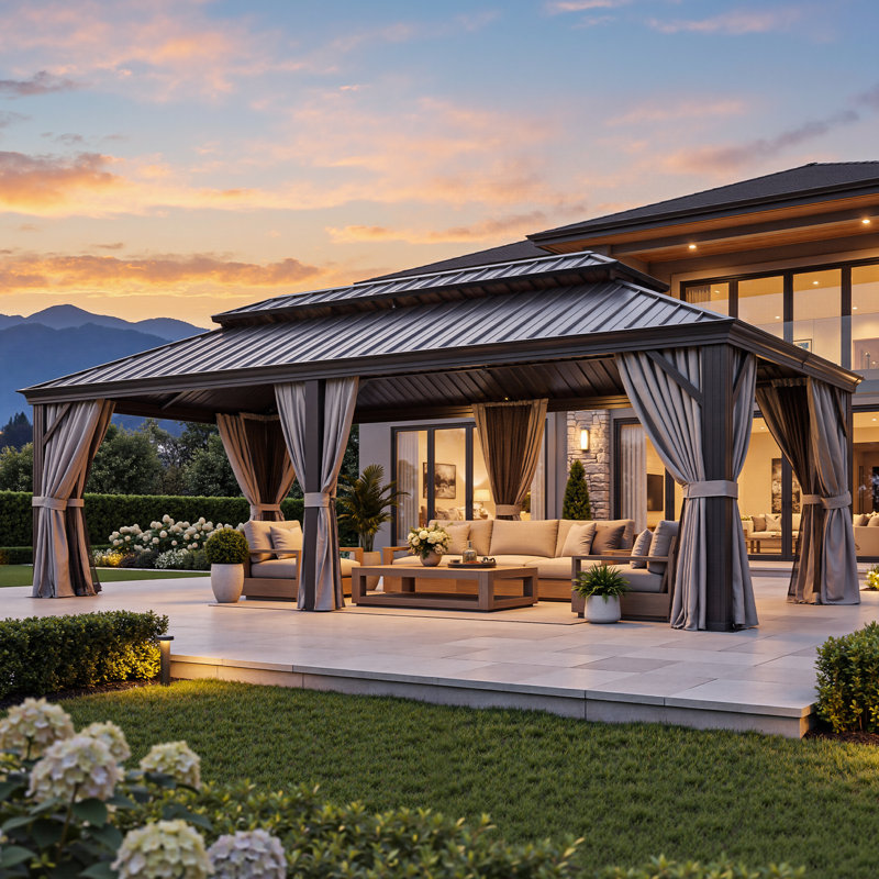 24 Ft. W x 14 Ft. D Aluminum Double Roof Hardtop Patio Gazebo with Curtains and Netting, Weather Resistant Metal Patio Gazebo for Backyard, Deck, Poolside