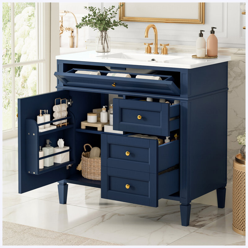Meuble-lavabo moderne 36 po avec comptoir en céramique, meuble-lavabo simple avec 2 tiroirs et tiroir basculant, Blue